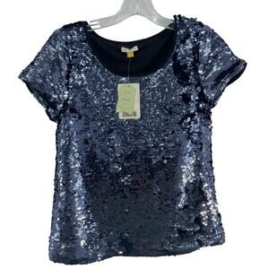 Leifsdottir Navy Poly Blend Sequined Scoop Neck Top Women’s Size XS NWT